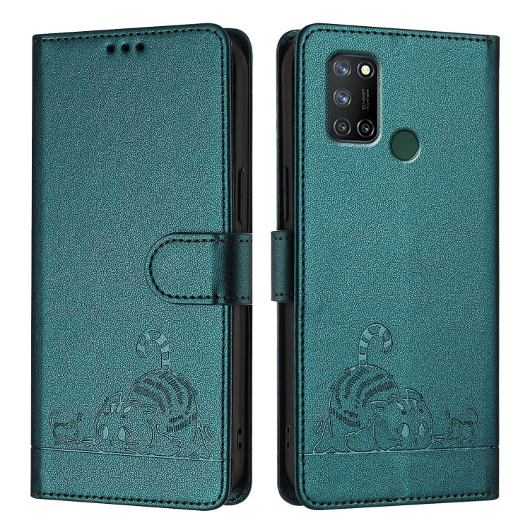 For Realme C17 / 7i Cat Rat Embossed Pattern RFID Leather Phone Case with Lanyard