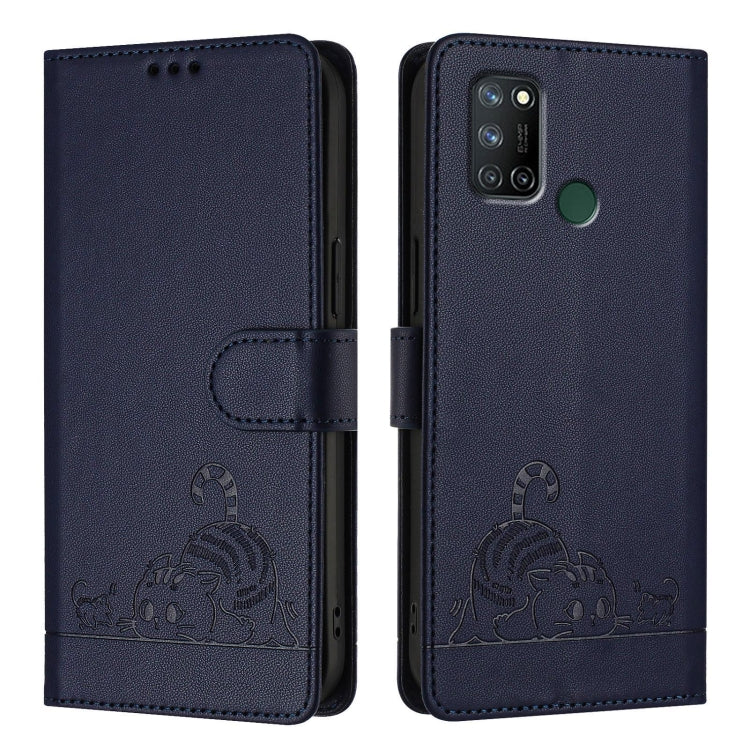 For Realme C17 / 7i Cat Rat Embossed Pattern RFID Leather Phone Case with Lanyard