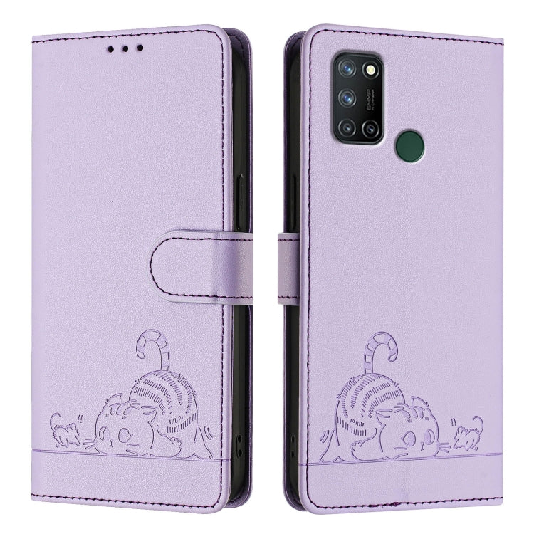 For Realme C17 / 7i Cat Rat Embossed Pattern RFID Leather Phone Case with Lanyard