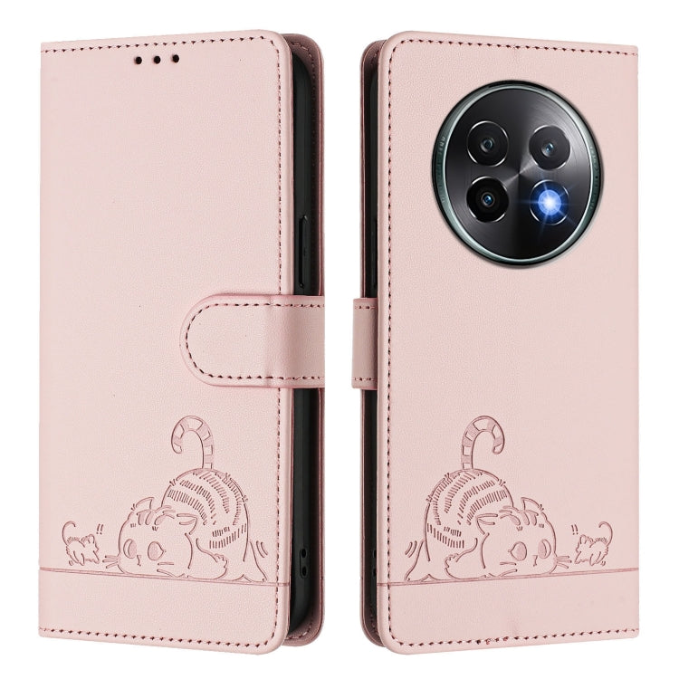 For Realme 13+ 5G Global Cat Rat Embossed Pattern RFID Leather Phone Case with Lanyard