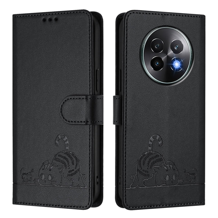 For Realme 13+ 5G Global Cat Rat Embossed Pattern RFID Leather Phone Case with Lanyard
