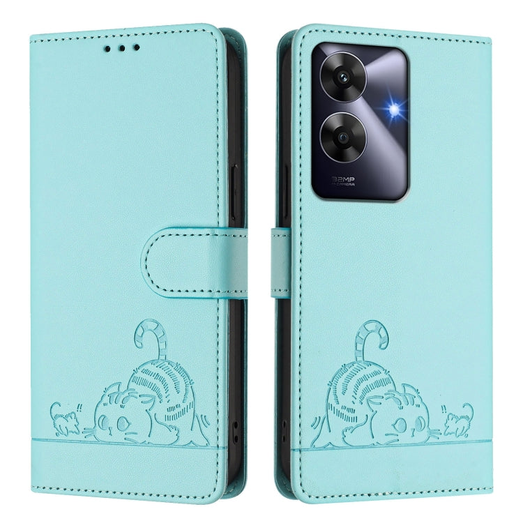 For Realme Note 60 4G Global Cat Rat Embossed Pattern RFID Leather Phone Case with Lanyard