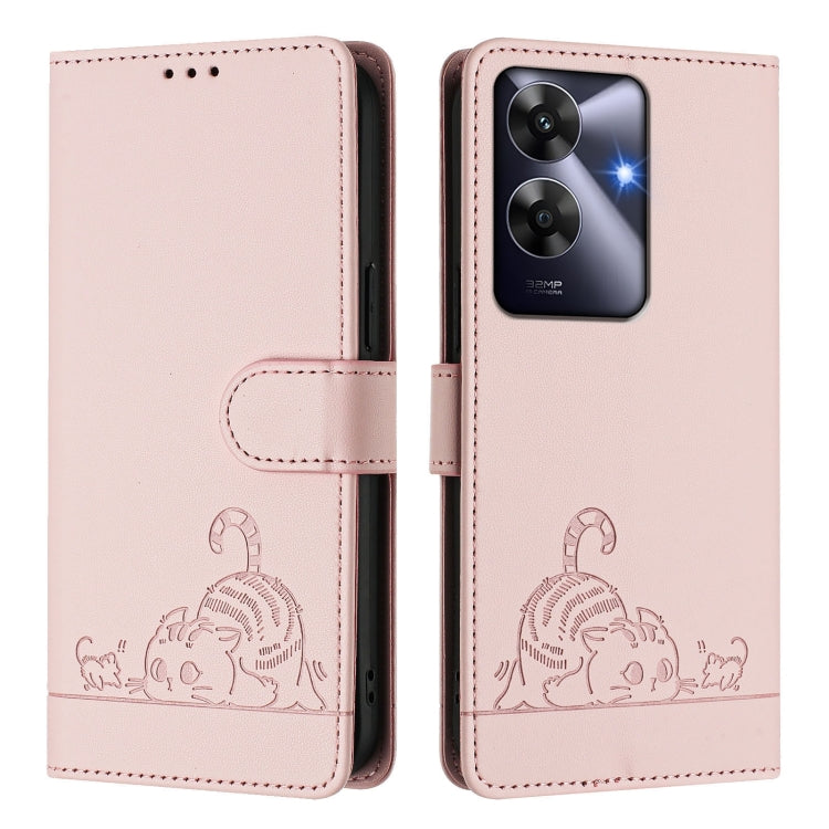 For Realme Note 60 4G Global Cat Rat Embossed Pattern RFID Leather Phone Case with Lanyard