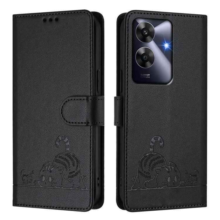 For Realme Note 60 4G Global Cat Rat Embossed Pattern RFID Leather Phone Case with Lanyard
