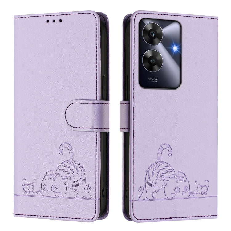 For Realme Note 60 4G Global Cat Rat Embossed Pattern RFID Leather Phone Case with Lanyard