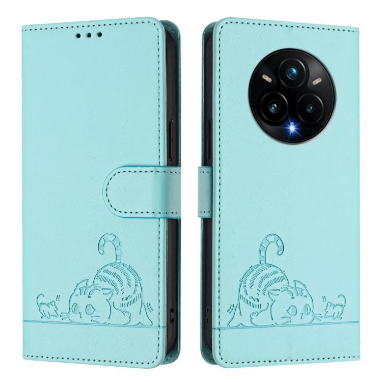 For Realme 14 Pro+ 5G Cat Rat Embossed Pattern RFID Leather Phone Case with Lanyard