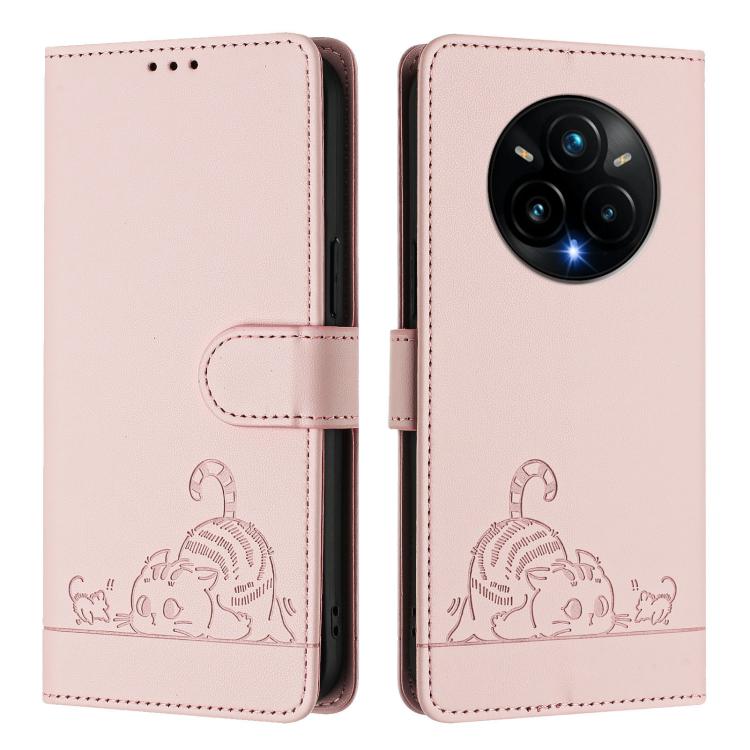 For Realme 14 Pro+ 5G Cat Rat Embossed Pattern RFID Leather Phone Case with Lanyard