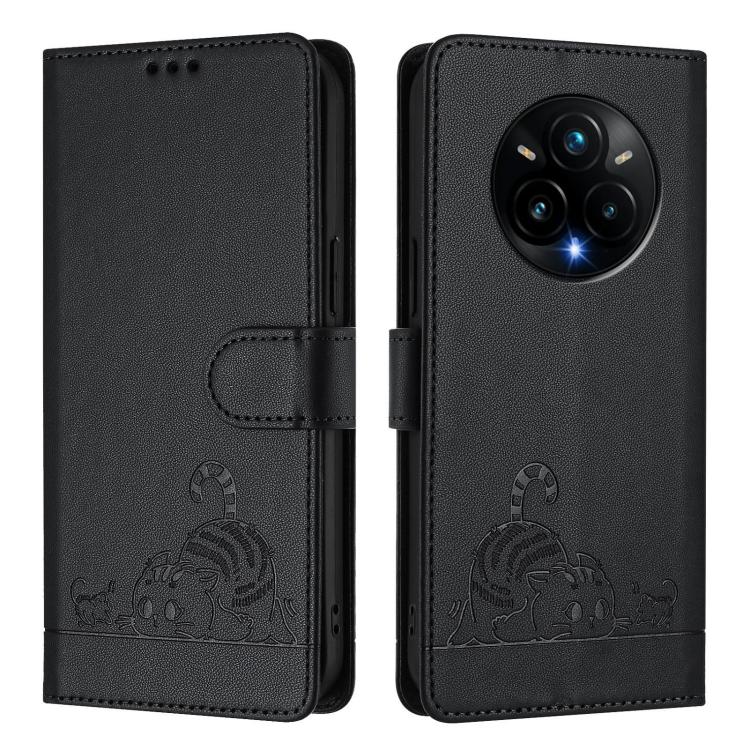 For Realme 14 Pro+ 5G Cat Rat Embossed Pattern RFID Leather Phone Case with Lanyard