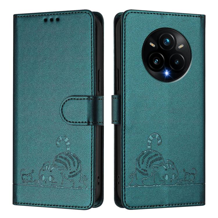 For Realme 14 Pro+ 5G Cat Rat Embossed Pattern RFID Leather Phone Case with Lanyard