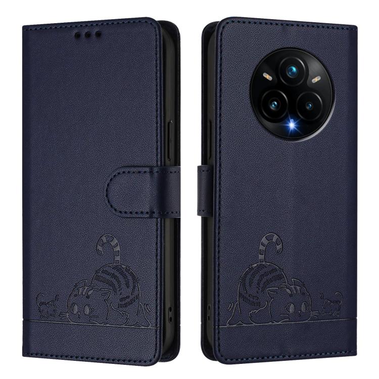 For Realme 14 Pro+ 5G Cat Rat Embossed Pattern RFID Leather Phone Case with Lanyard