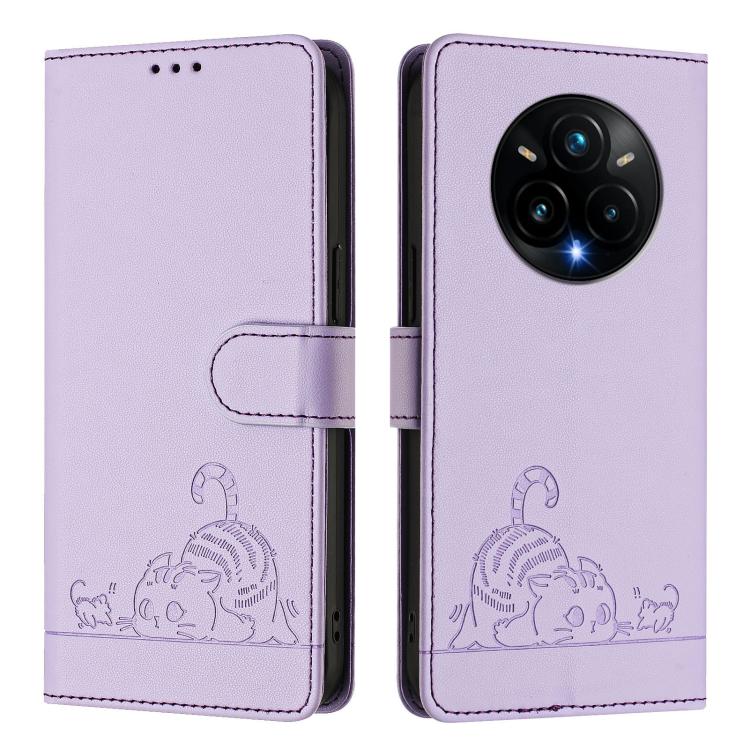 For Realme 14 Pro+ 5G Cat Rat Embossed Pattern RFID Leather Phone Case with Lanyard