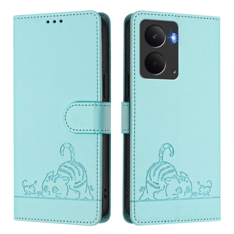 For Realme P3 5G Global Cat Rat Embossed Pattern RFID Leather Phone Case with Lanyard