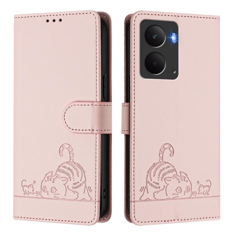 For Realme P3 5G Global Cat Rat Embossed Pattern RFID Leather Phone Case with Lanyard