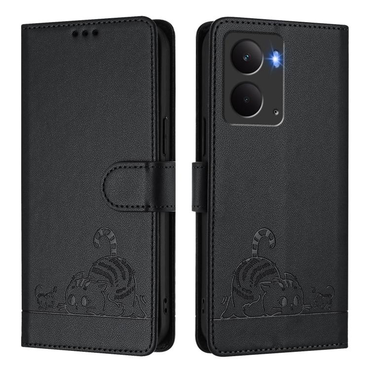 For Realme P3 5G Global Cat Rat Embossed Pattern RFID Leather Phone Case with Lanyard