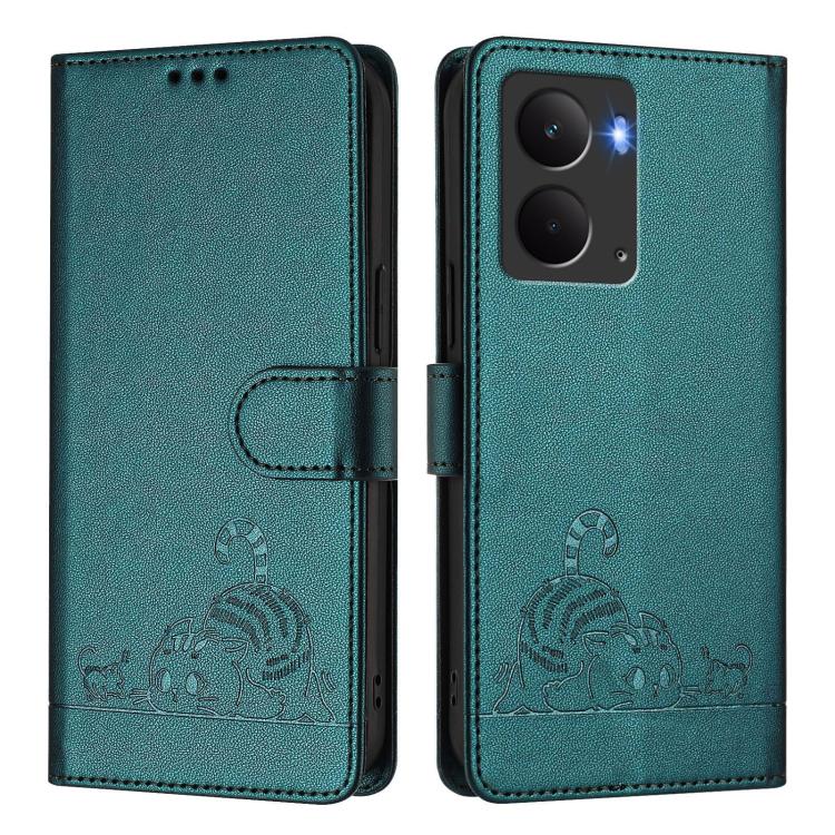 For Realme P3 5G Global Cat Rat Embossed Pattern RFID Leather Phone Case with Lanyard