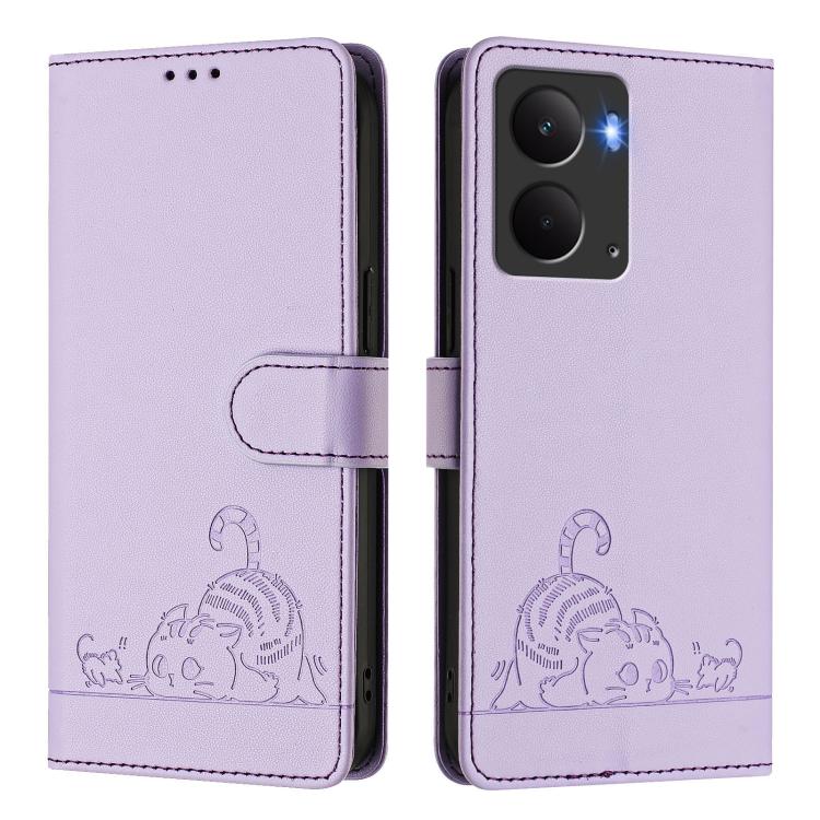 For Realme P3 5G Global Cat Rat Embossed Pattern RFID Leather Phone Case with Lanyard
