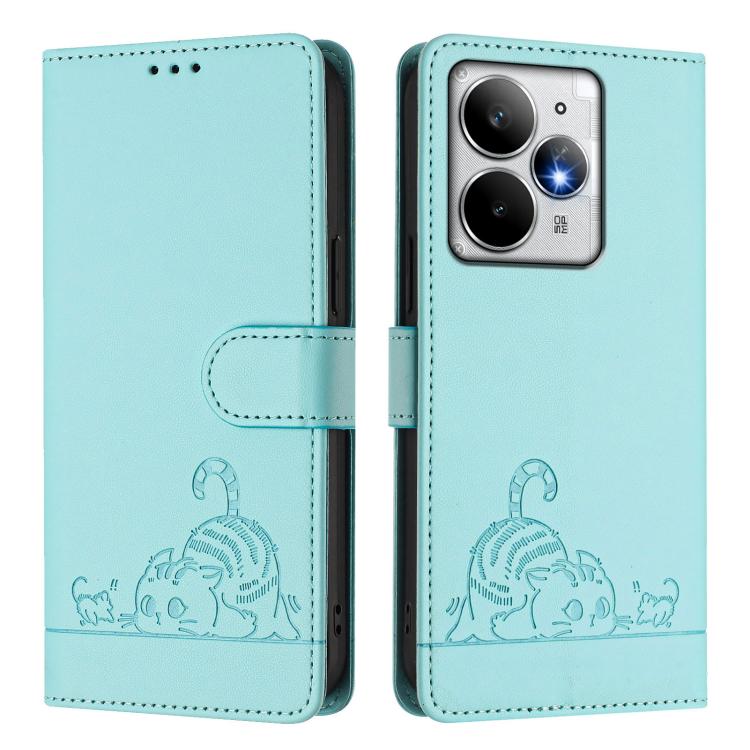 For Realme Neo7 Turbo 5G Cat Rat Embossed Pattern RFID Leather Phone Case with Lanyard