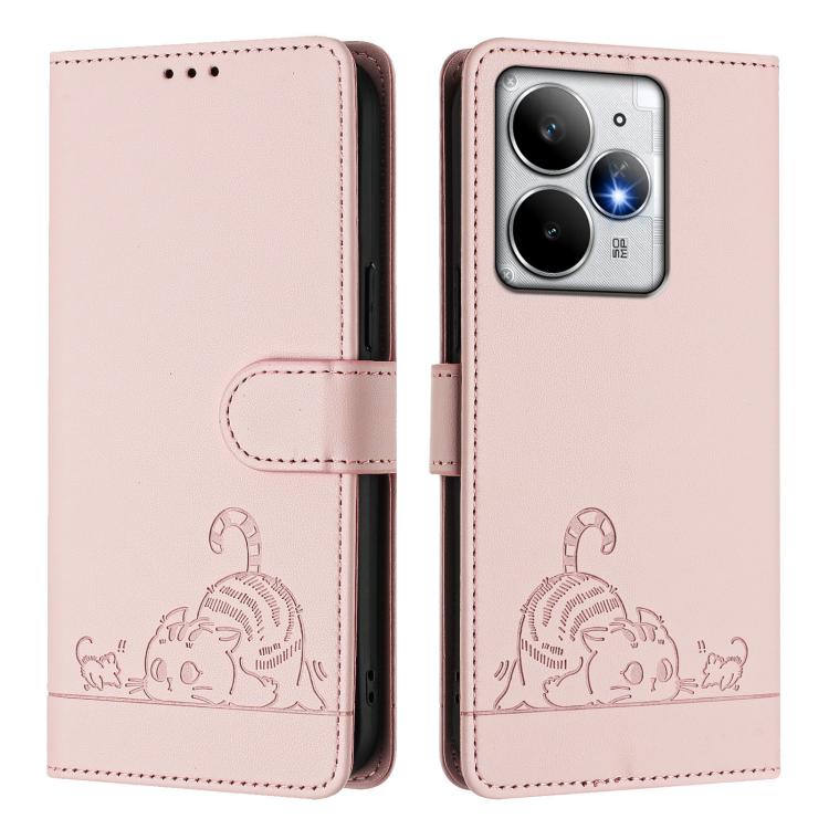 For Realme Neo7 Turbo 5G Cat Rat Embossed Pattern RFID Leather Phone Case with Lanyard
