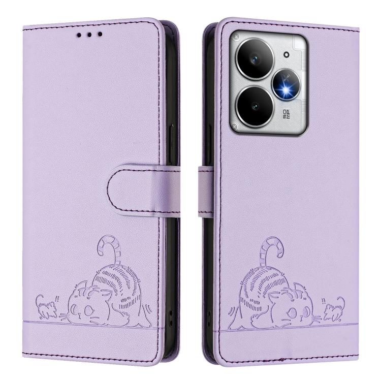 For Realme Neo7 Turbo 5G Cat Rat Embossed Pattern RFID Leather Phone Case with Lanyard
