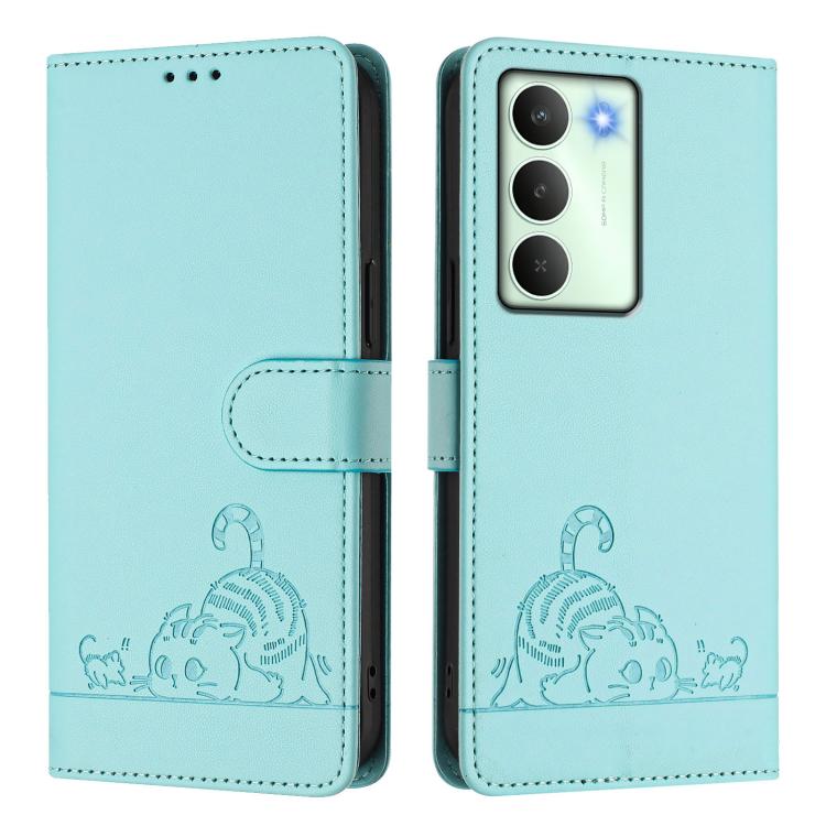 For Realme V70 / 14x Global / C75 5G Cat Rat Embossed Pattern RFID Leather Phone Case with Lanyard