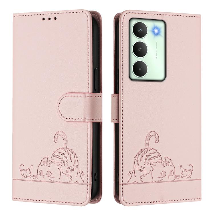 For Realme V70 / 14x Global / C75 5G Cat Rat Embossed Pattern RFID Leather Phone Case with Lanyard