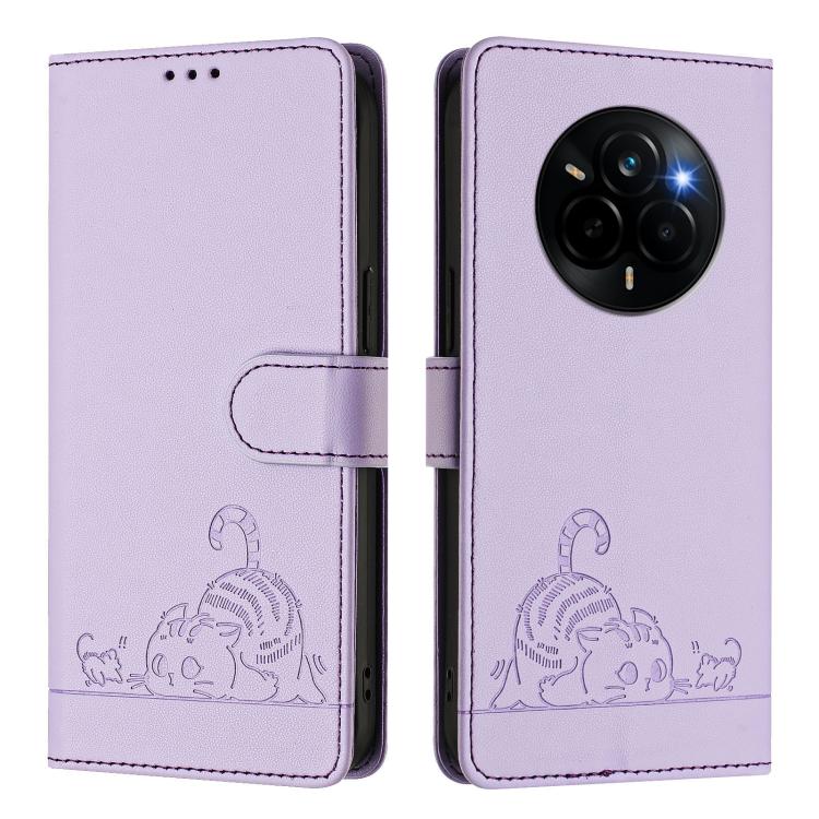 For Realme Narzo 80 Pro / 14 Pro 5G India Cat Rat Embossed Pattern RFID Leather Phone Case with Lanyard