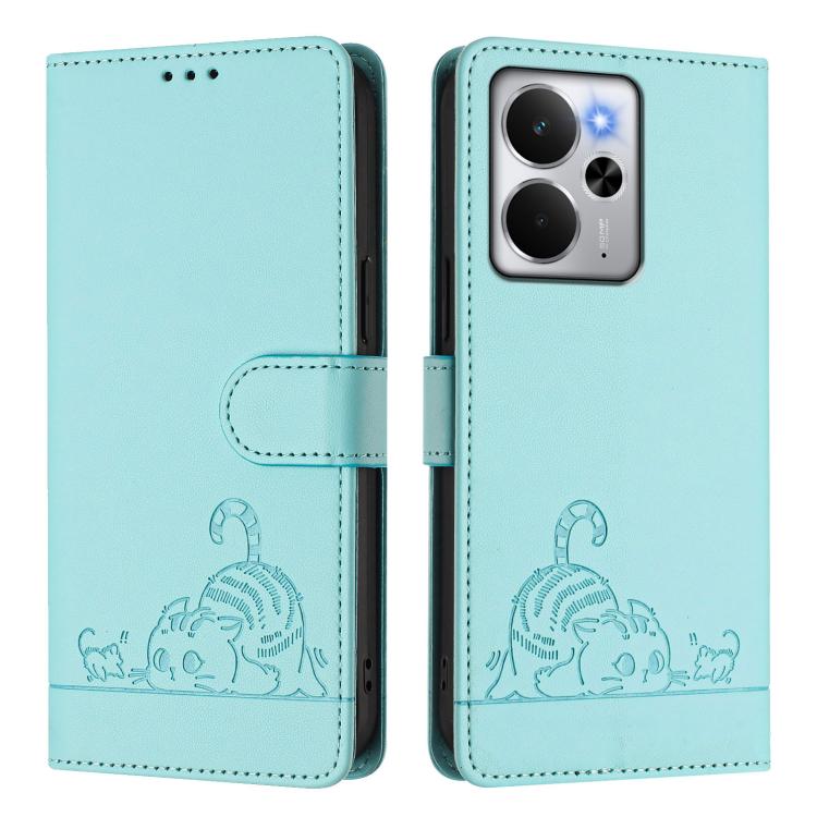 For Realme 14 5G Global / P3 5G India Cat Rat Embossed Pattern RFID Leather Phone Case with Lanyard