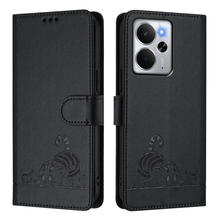For Realme 14 5G Global / P3 5G India Cat Rat Embossed Pattern RFID Leather Phone Case with Lanyard