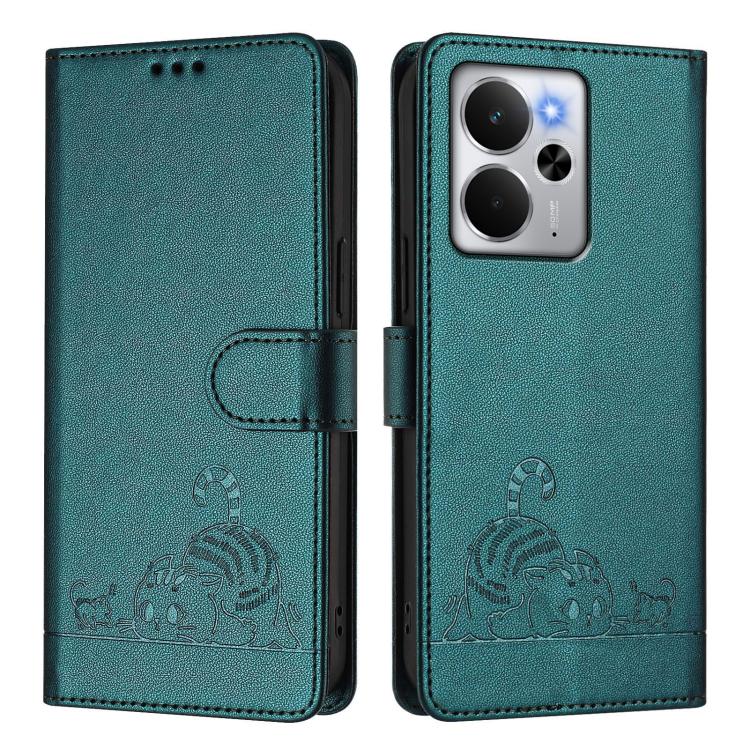 For Realme 14 5G Global / P3 5G India Cat Rat Embossed Pattern RFID Leather Phone Case with Lanyard