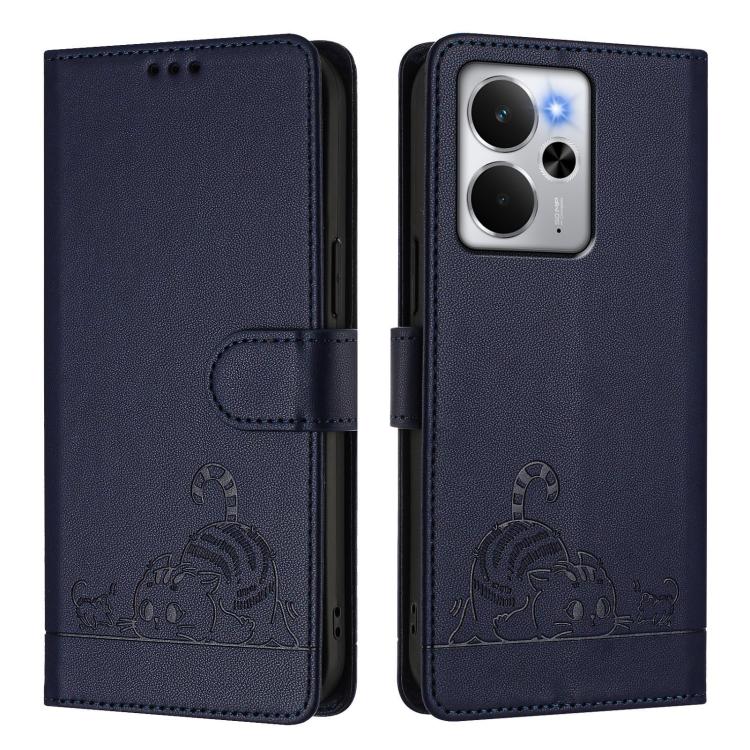 For Realme 14 5G Global / P3 5G India Cat Rat Embossed Pattern RFID Leather Phone Case with Lanyard