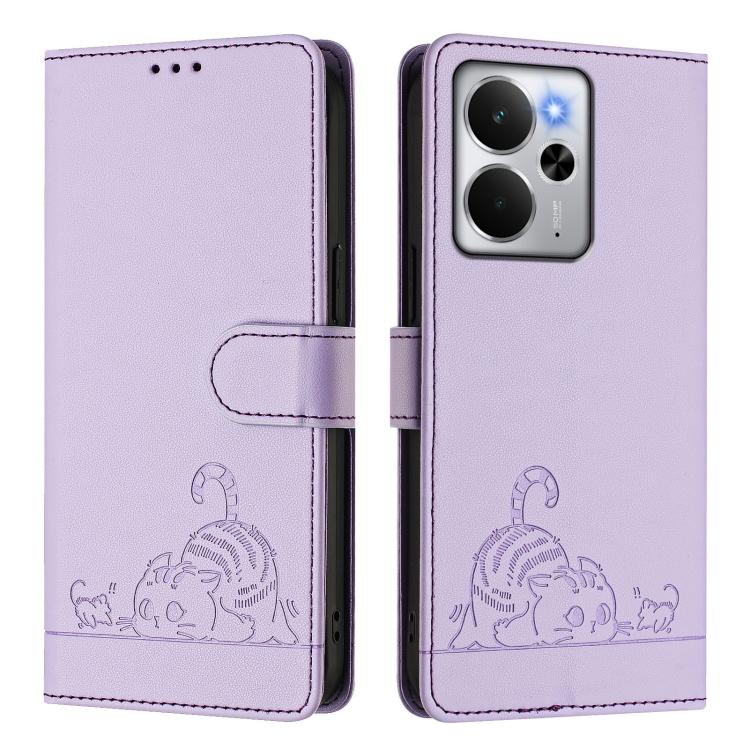 For Realme 14 5G Global / P3 5G India Cat Rat Embossed Pattern RFID Leather Phone Case with Lanyard
