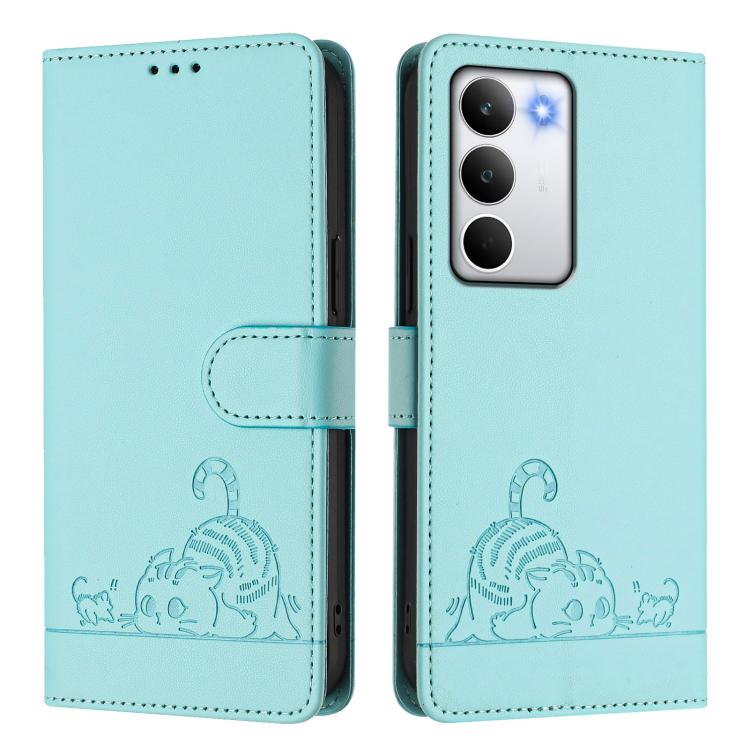 For Realme C71 4G Global Cat Rat Embossed Pattern RFID Leather Phone Case with Lanyard