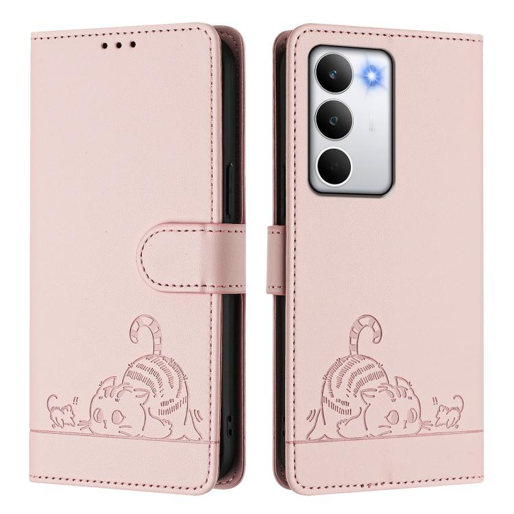 For Realme C71 4G Global Cat Rat Embossed Pattern RFID Leather Phone Case with Lanyard