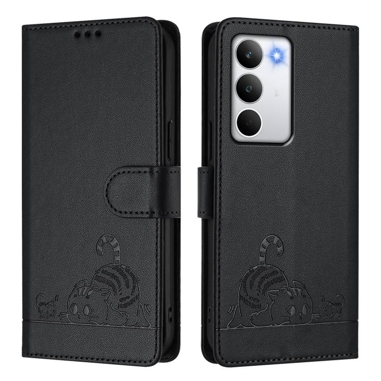 For Realme C71 4G Global Cat Rat Embossed Pattern RFID Leather Phone Case with Lanyard