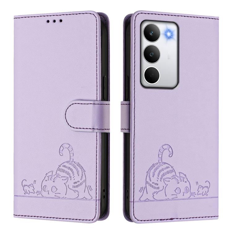 For Realme C71 4G Global Cat Rat Embossed Pattern RFID Leather Phone Case with Lanyard