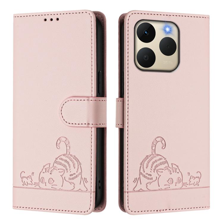 For Realme 15T 5G Global Cat Rat Embossed Pattern RFID Leather Phone Case with Lanyard
