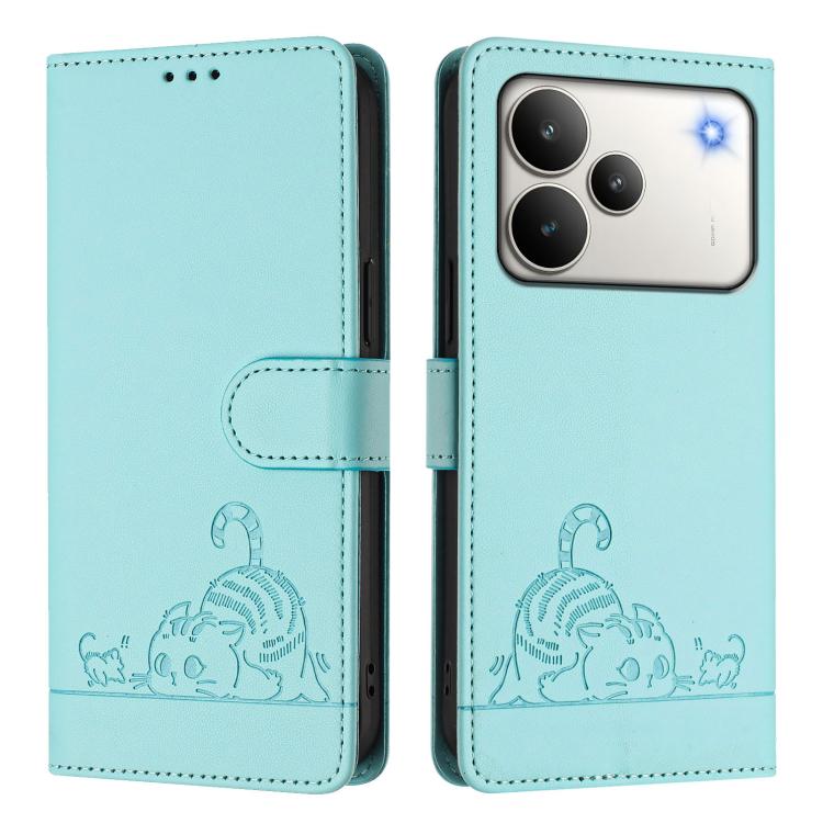 For Realme P4 5G Cat Rat Embossed Pattern RFID Leather Phone Case with Lanyard