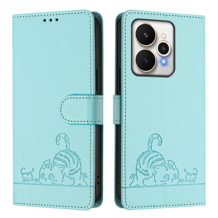 For Realme 15 / 15 Pro 5G Global Cat Rat Embossed Pattern RFID Leather Phone Case with Lanyard