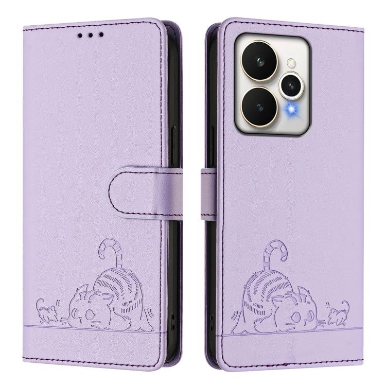 For Realme 15 / 15 Pro 5G Global Cat Rat Embossed Pattern RFID Leather Phone Case with Lanyard