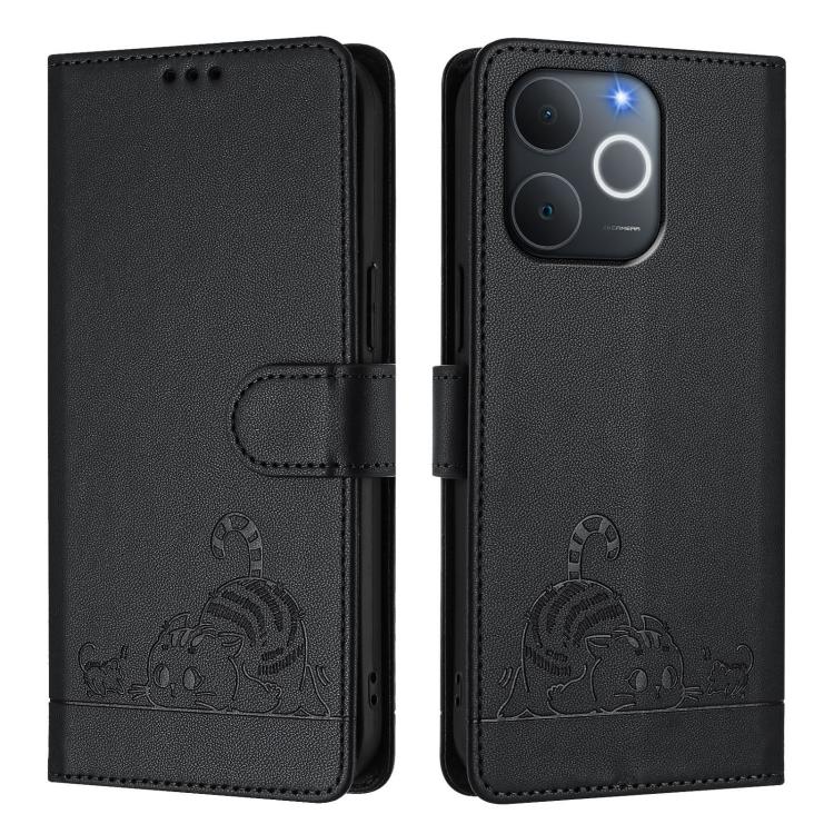 For Realme C71 4G India Cat Rat Embossed Pattern RFID Leather Phone Case with Lanyard