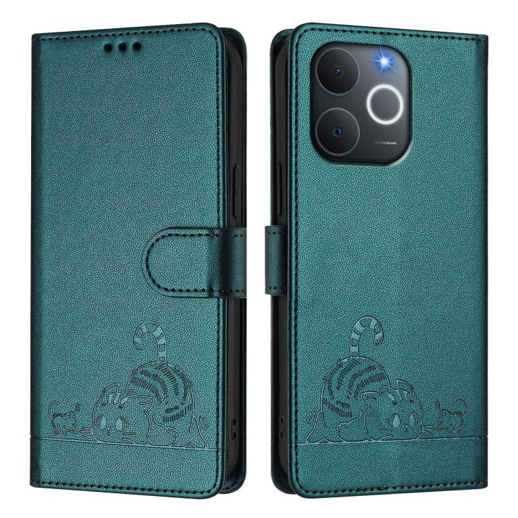 For Realme C71 4G India Cat Rat Embossed Pattern RFID Leather Phone Case with Lanyard
