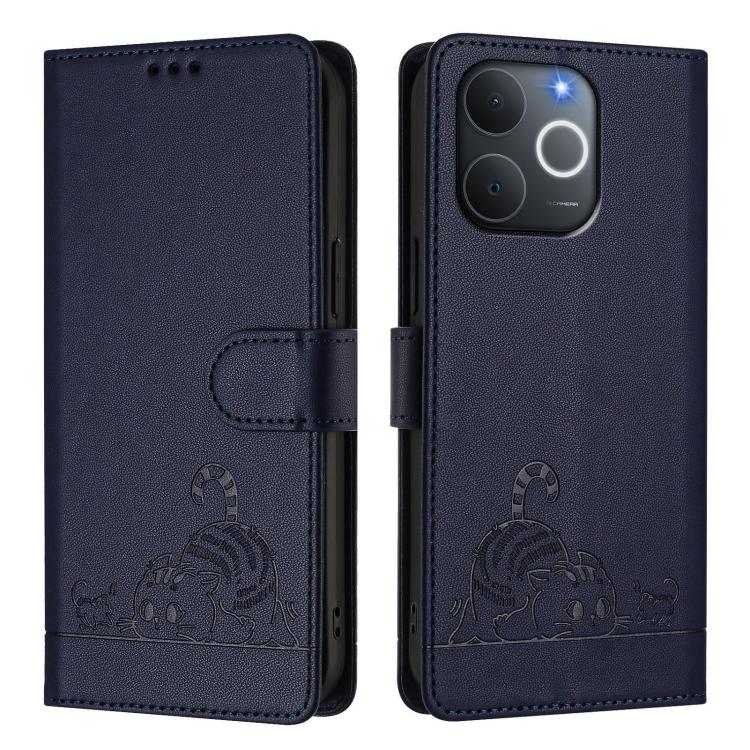 For Realme C71 4G India Cat Rat Embossed Pattern RFID Leather Phone Case with Lanyard