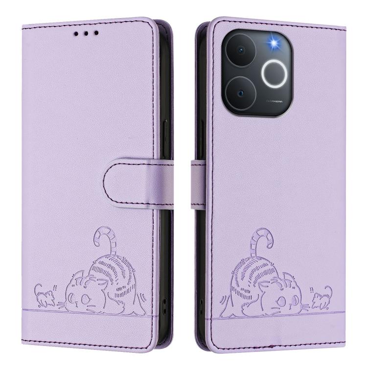 For Realme C71 4G India Cat Rat Embossed Pattern RFID Leather Phone Case with Lanyard