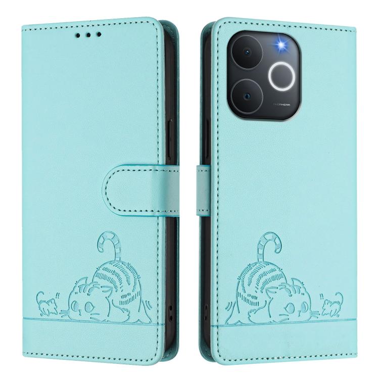 For Realme Note 70 4G / 70T 4G Cat Rat Embossed Pattern RFID Leather Phone Case with Lanyard