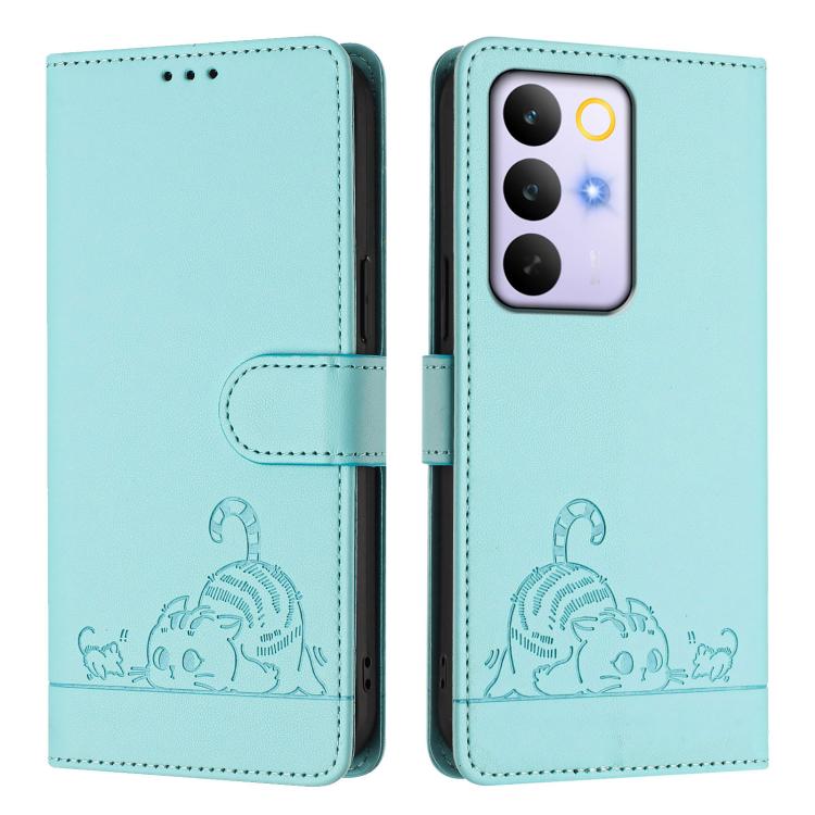For Realme C83 5G India / C85 5G Cat Rat Embossed Pattern RFID Leather Phone Case with Lanyard