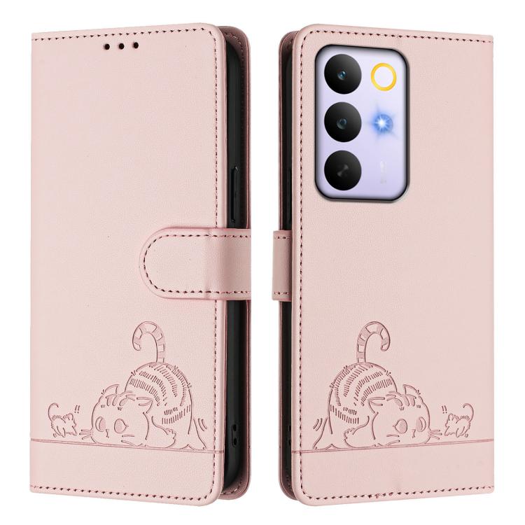 For Realme C83 5G India / C85 5G Cat Rat Embossed Pattern RFID Leather Phone Case with Lanyard