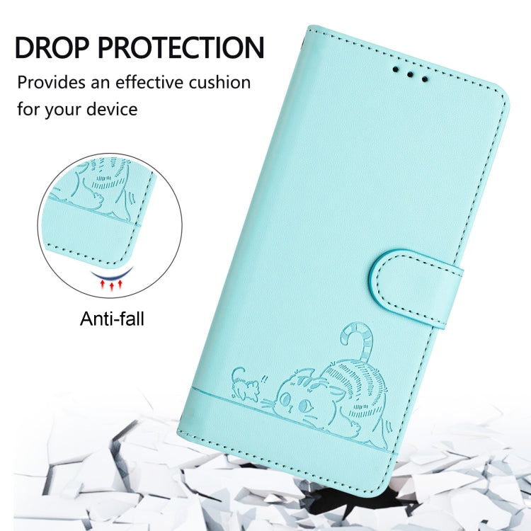 For iPhone 15 Pro Cat Rat Embossed Pattern RFID Leather Phone Case with Lanyard