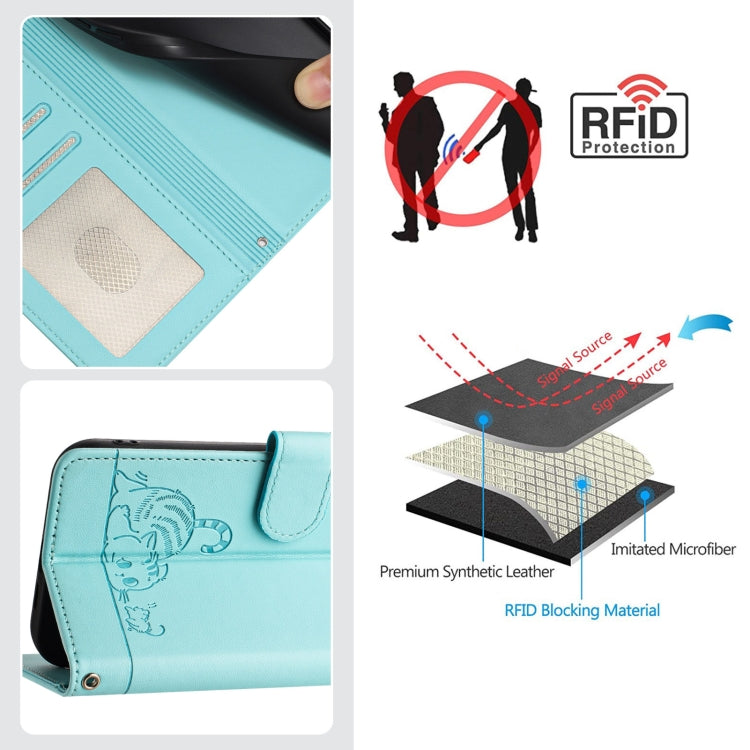 For iPhone 15 Pro Cat Rat Embossed Pattern RFID Leather Phone Case with Lanyard