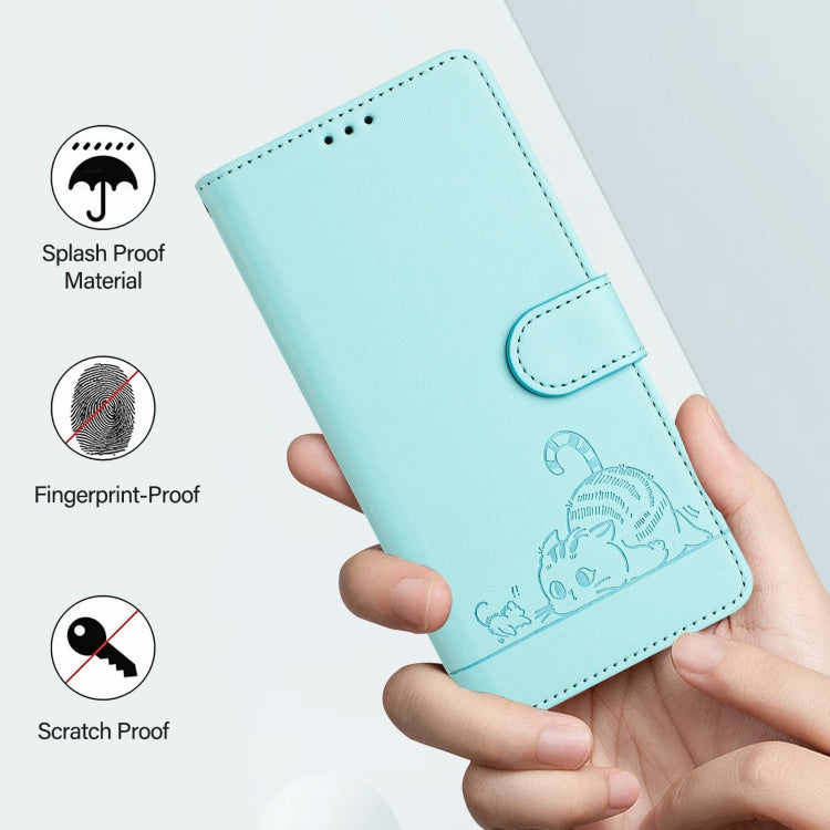 For iPhone 15 Pro Cat Rat Embossed Pattern RFID Leather Phone Case with Lanyard