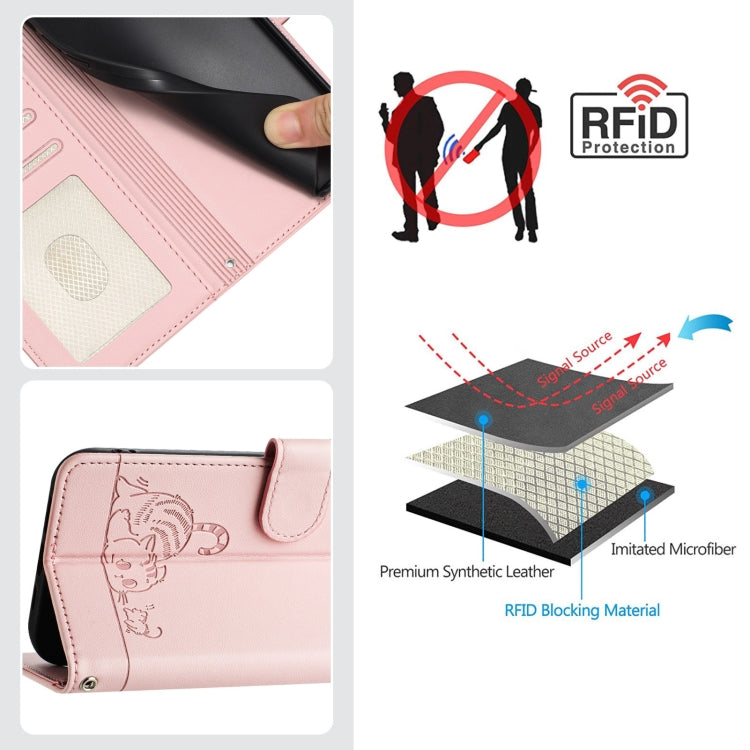 For iPhone 15 Pro Cat Rat Embossed Pattern RFID Leather Phone Case with Lanyard